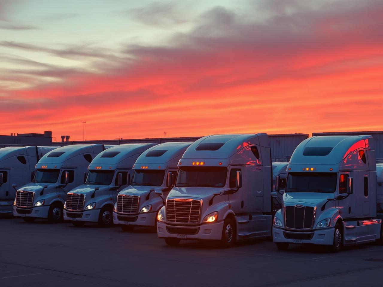 Fleet of semi trucks lined up at sunset